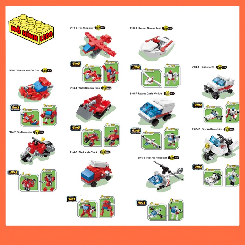 Đồ chơi lắp ráp lego giá rẻ Qman 2104 mô hình xe cứu hỏa, tàu, thuyền sáng tạo cho bé