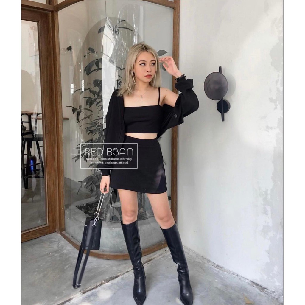 Set áo đen croptop 2 dây kèm khoác và chân váy