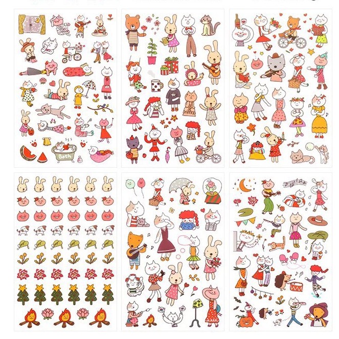 Set 6 sticker trang trí cute - Bộ 6 tấm hình dán sticker trang trí nhiều mẫu mèo thỏ gia đình