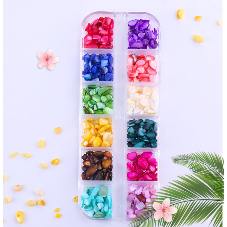 Đá đính móng nail khay sỏi 12 màu mix size tặng kèm nhíp gắp đá , đá sỏi gắn trang trí móng chuyên dụng