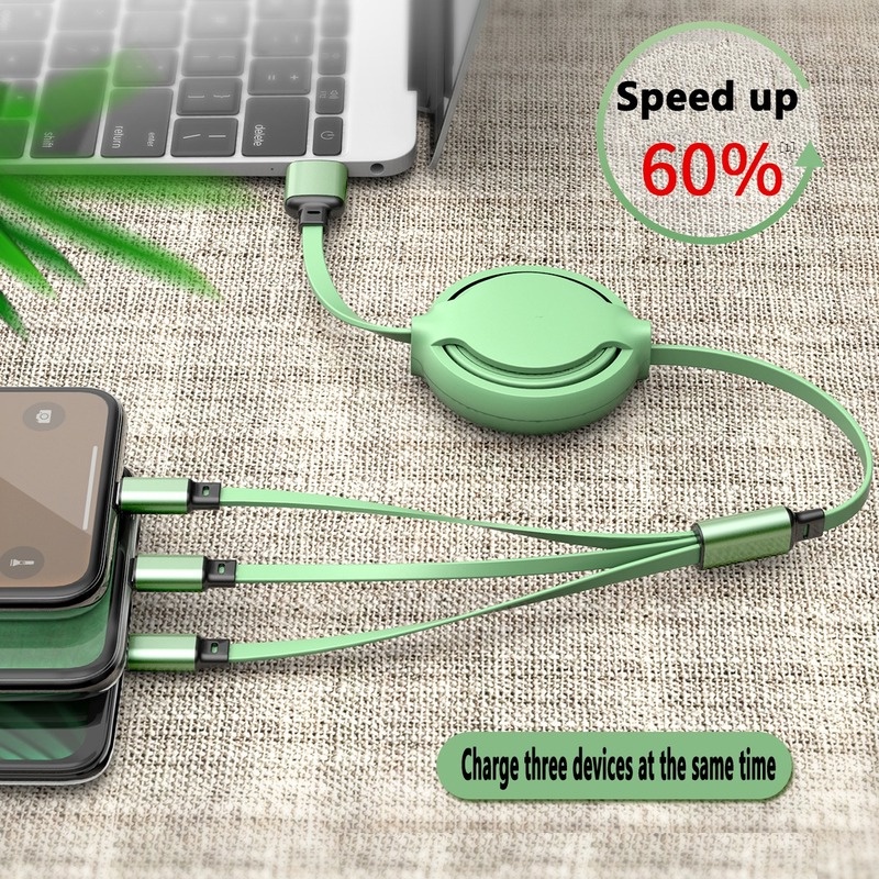 Cáp Sạc Nhanh/ Truyền Dữ Liệu 3 Trong 1 Bằng Silicon Dẻo Có Thể Thu Gọn Cho Điện Thoại Android IPhone Type C