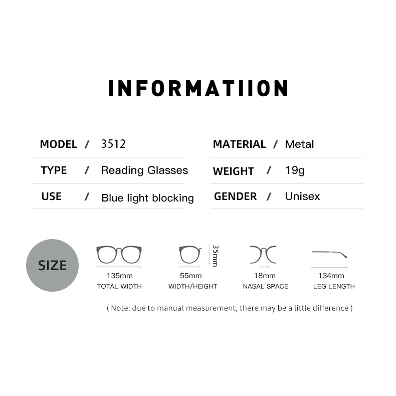 Kính Đọc Sách 3512 Không Viền Chống Tia Bức Xạ Chất Liệu Kim Loại 100 150 200 250 300 350 400