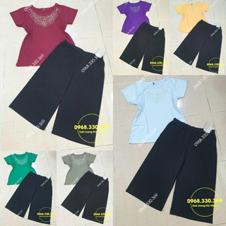 Set đồ bộ trung niên lửng rộng phối quần đen áo kiểu