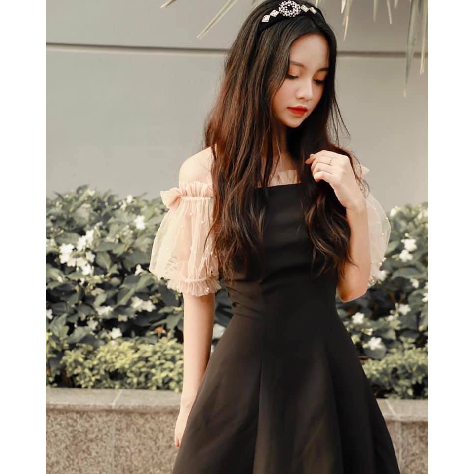 [SALE SỐC THÁNG CÔ HỒN] Đầm trễ vai phối lưới đính hạt siêu xinh