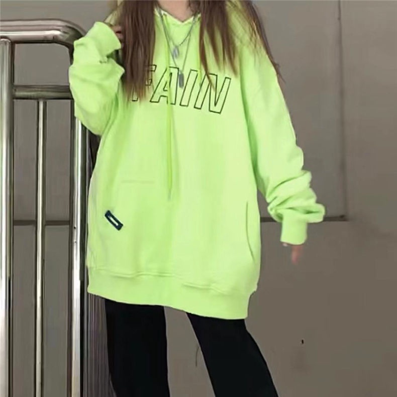 Áo khoác hoodie tay dài dáng rộng in chữ màu xanh lá dạ quang phong cách Hàn Quốc thời trang thu đông cho nữ 2021