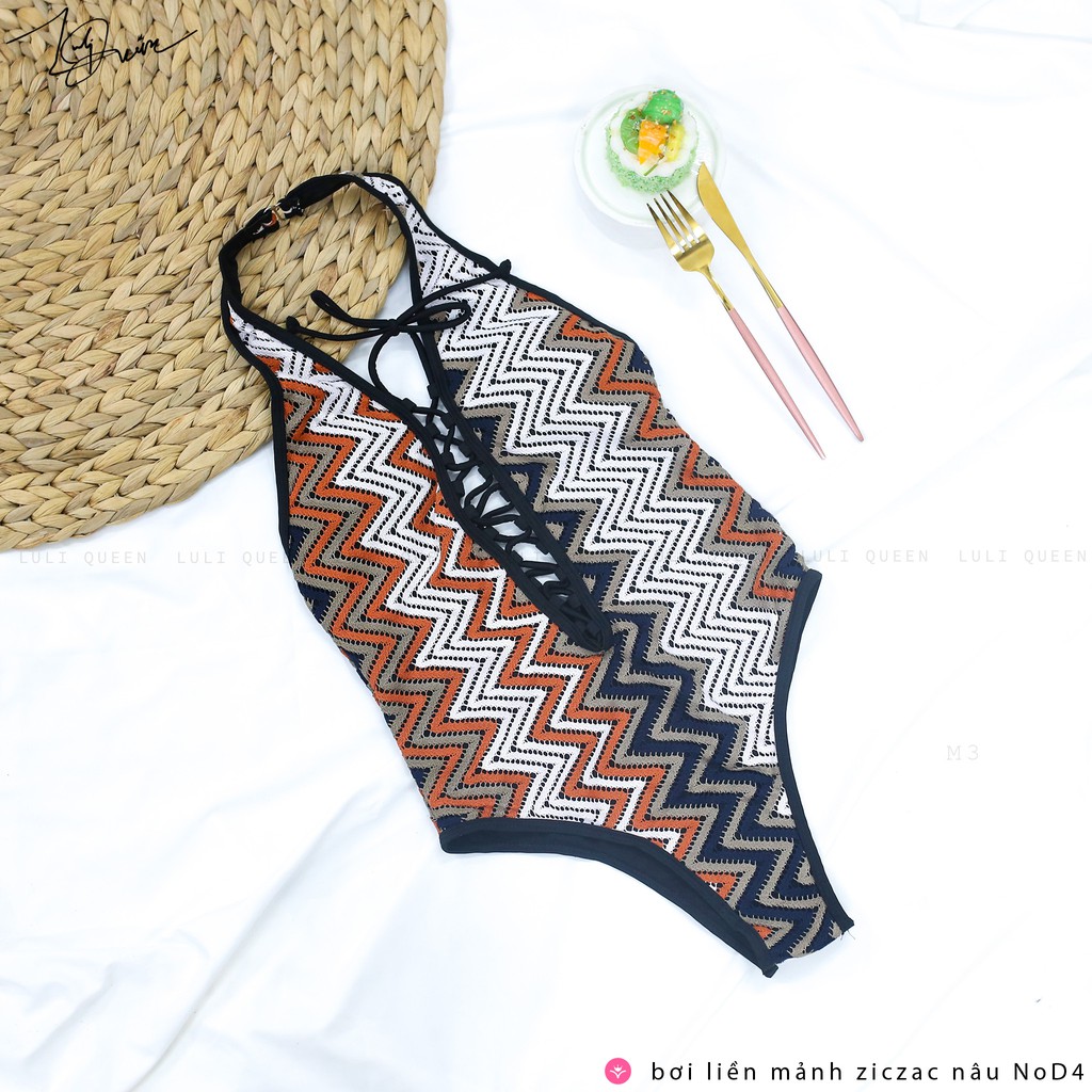BIKINI CAO CẤP khoét ngực [ĐẸP, RẺ] Đồ Bơi liền mảnh Ziczac nâu Hở Lưng [Freeship]