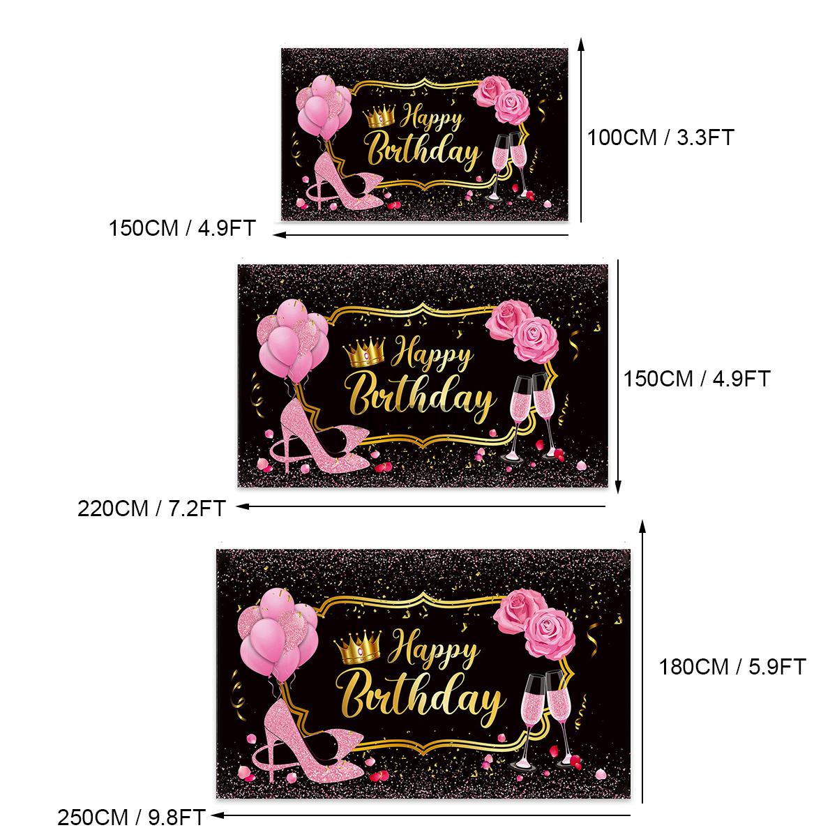 Phông nền vải hình hoa hồng/guốc/ly rượu với bóng bay màu hồng chữ Happy Birthday trang trí tiệc sinh nhật cho nữ