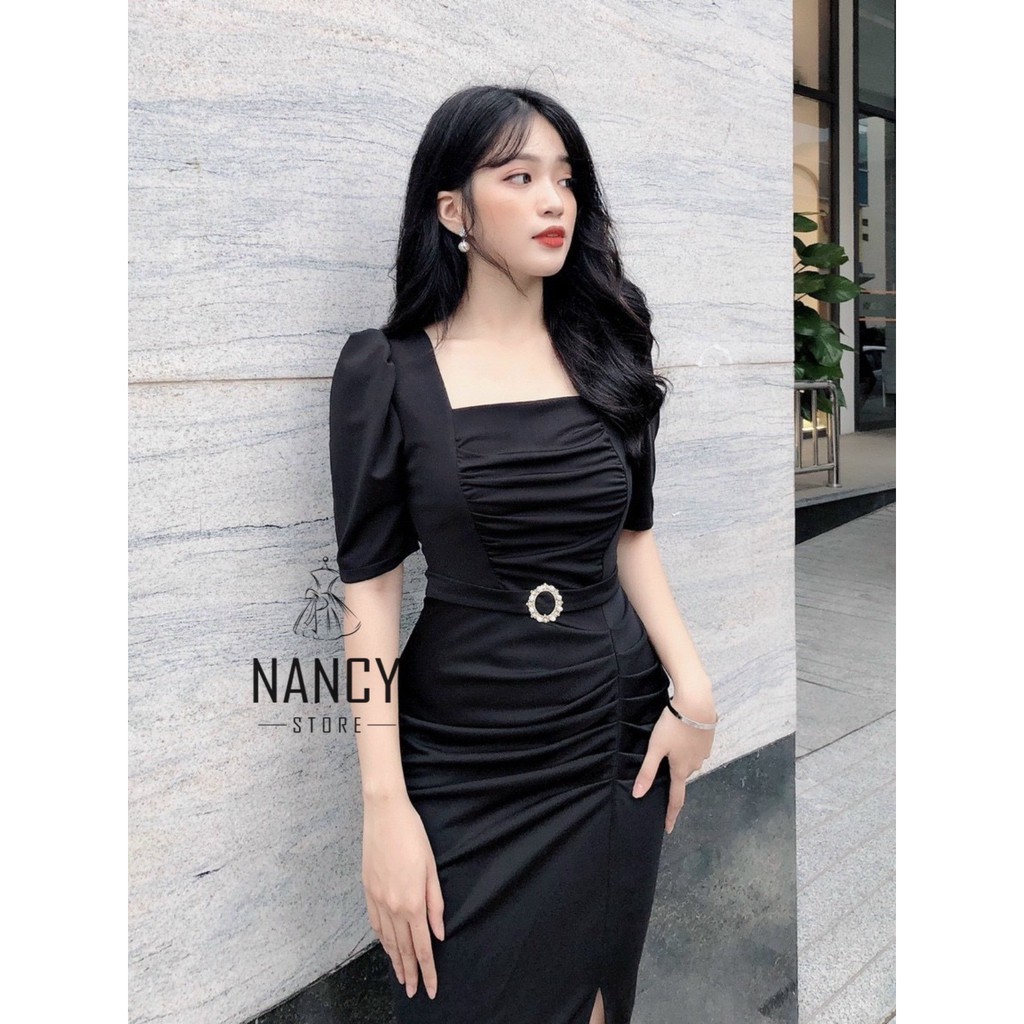 Váy body cổ vuông, tay bồng, nhún bụng, đai eo tag đá sang trọng Nancy A15