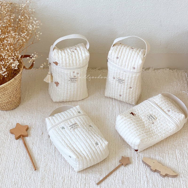 Túi Đựng Tã Lót Vải Cotton Nguyên Chất Thêu Họa Tiết Có Khóa Kéo Treo Xe Đẩy Em Bé Phong Cách Hàn Quốc Mới
