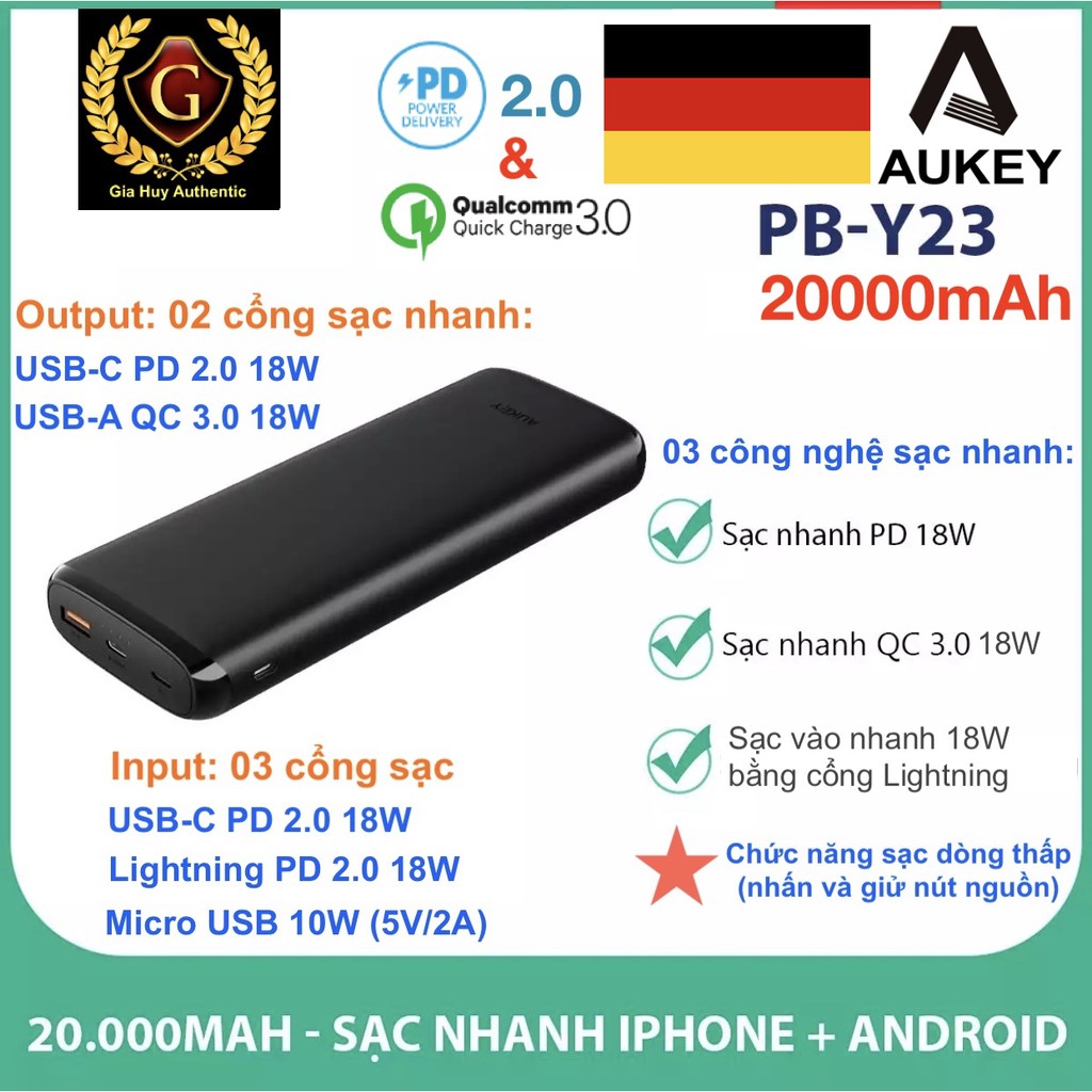 Pin sạc dự phòng AUKEY PB-Y23 20000mAh, sạc nhanh PD 2.0 18W &amp; QC 3.0 18W