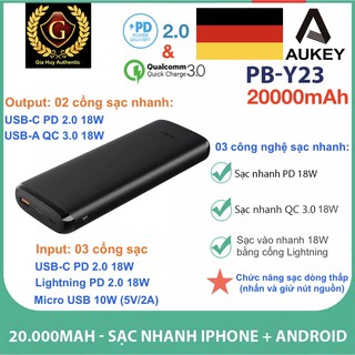 Pin sạc dự phòng AUKEY PB-Y23 20000mAh, sạc nhanh PD 2.0 18W & QC 3.0 18W