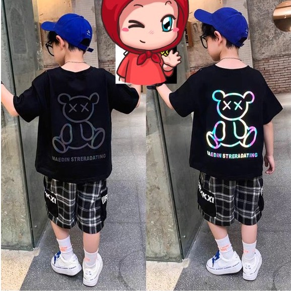 Bộ bé trai Con Xinh cotton Gấu phản quang 7 màu phối quần caro,set quần áo trẻ em từ 5 đến 14 tuổi