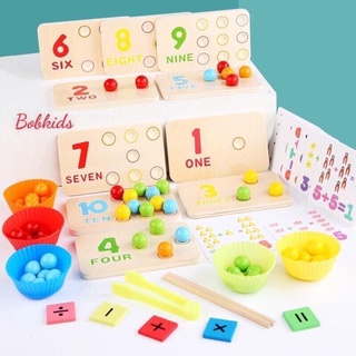 Bộ học toán bằng gỗ, đồ chơi montessori, bộ gắp hạt học toán