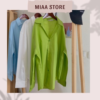 Áo sơ mi nữ trơn vintage chất thô hàng Quảng Châu ba màu xanh lá, xanh dương, trắng