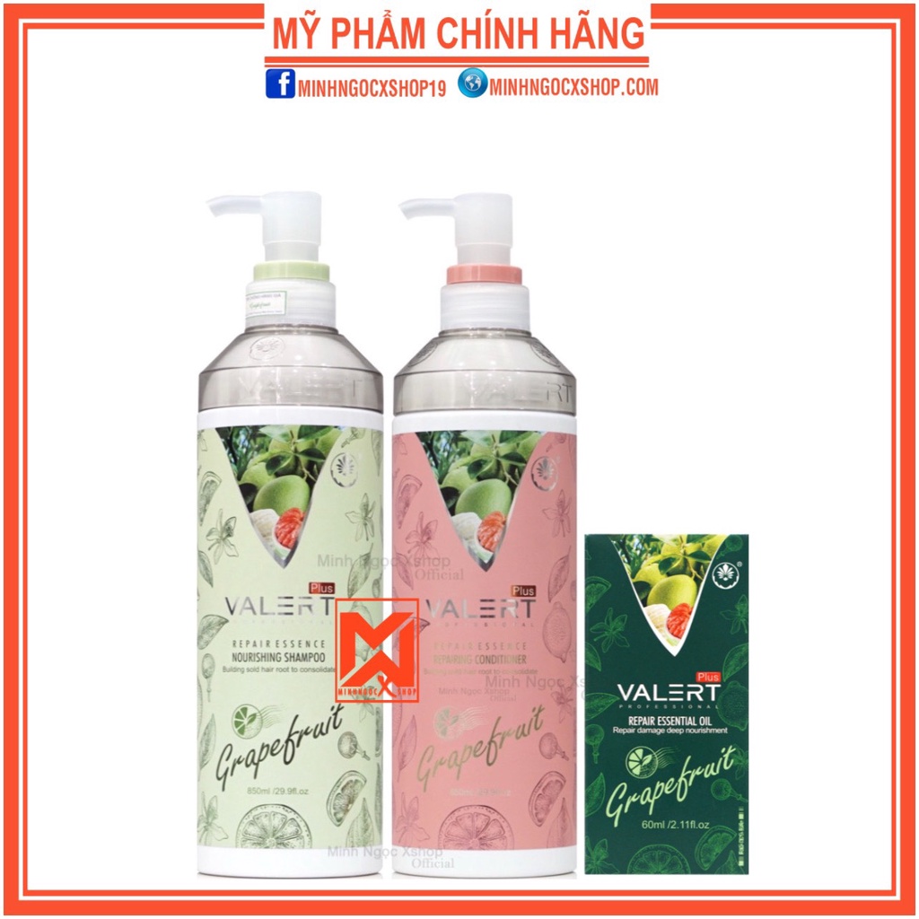 Dầu gội bưởi - dầu xả bưởi, dầu cặp VALERT GRAPEFRUIT 850ml tặng tinh dầu bưởi 60ml chống rụng kích mọc tóc