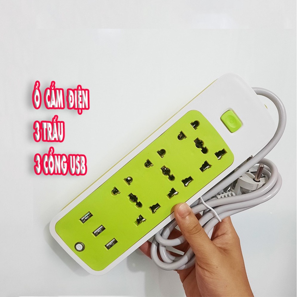 Ổ Điện Đa Năng 3 Cổng USB + 9 Ổ Cắm, Màu Xanh