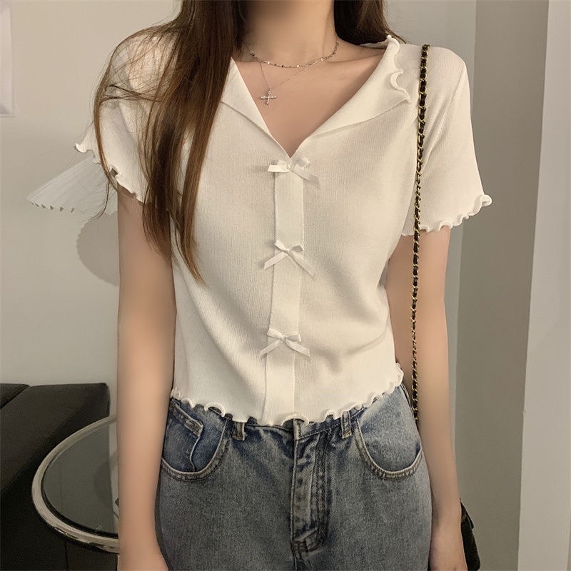 Áo Dệt Kim Nữ Màu Đen Tím Trắng Xanh Có Nơ Cổ Sơ Mi Ngắn Tay Co Dãn Chất Mongtoghi Loại 1 Style Hàn Quốc