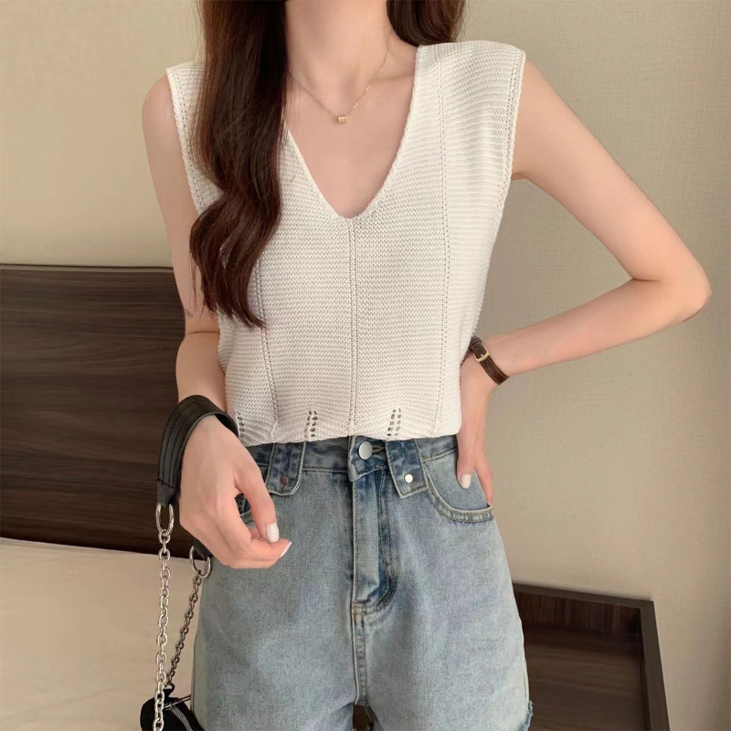 Brroa Áo Dệt Kim Sát Nách Cổ Chữ V Màu Trơn Gợi Cảm Mùa Hè Viền Lượn Sóng Cho Nữ Casu