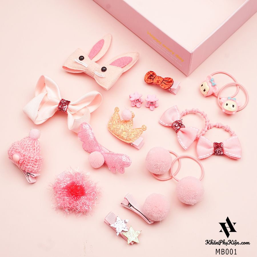 Hộp kẹp tóc quà tặng cho bé gái 18 phụ kiện siêu dễ thương iLita phong cách Hàn Quốc đủ màu hồng