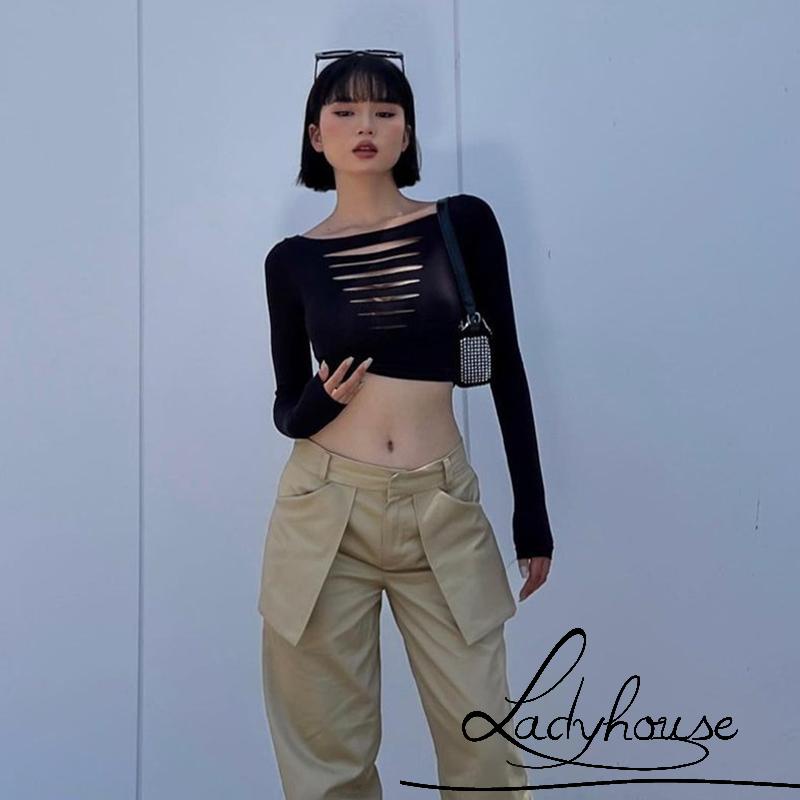 Áo Thun Crop Top Tay Dài Cổ Thuyền Màu Trơn Ôm Dáng Khoét Lỗ Dành Cho Nữ Đi Tiệc Câu Lạc Bộ