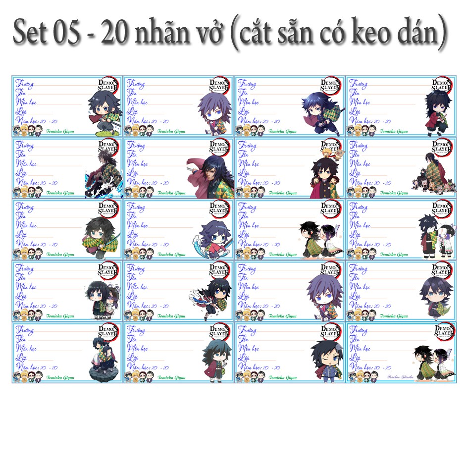 Nhãn vở anime Kimetsu No Yaiba hình chibi ( 1 set 20 cái nhãn vở giá 12k)