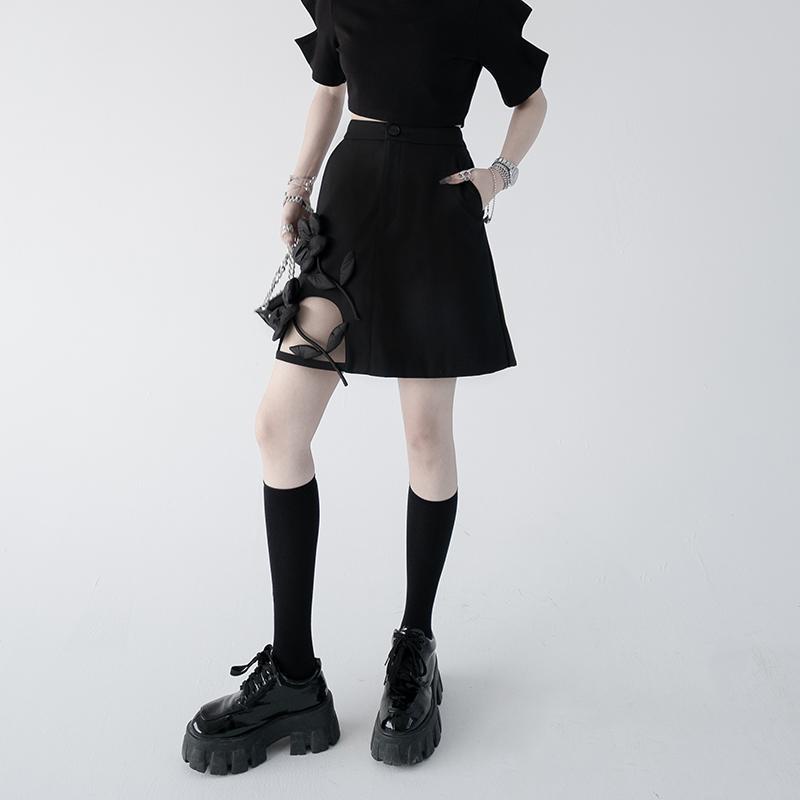 Chân váy chữ A màu đen thêu hoa thời trang 2022 dành cho nữ