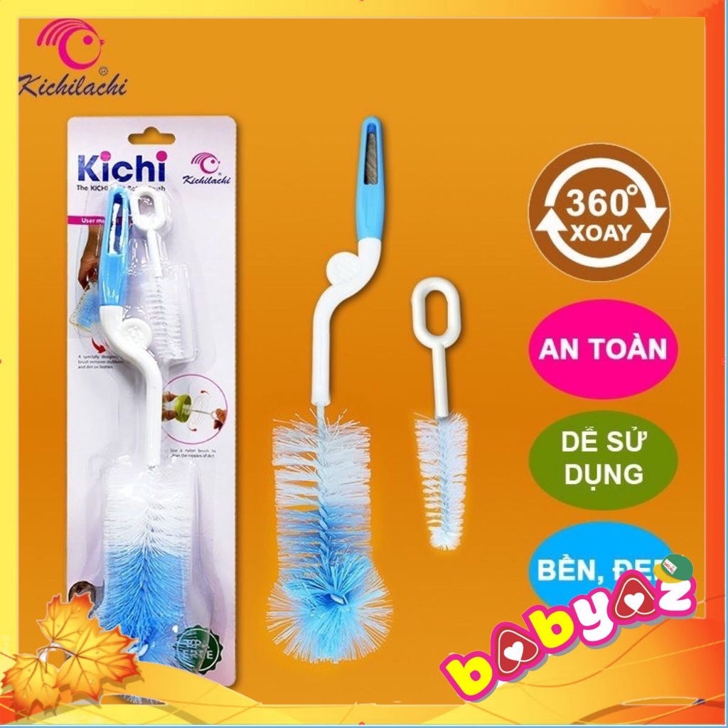 Cây Rửa Bình Sữa, Núm Vú, KICHI Quay 360 Độ, 1 Đầu Lớn, 1 Đầu Nhỏ ( Sợi Lông Cước Và Sợi Lông Silicon)