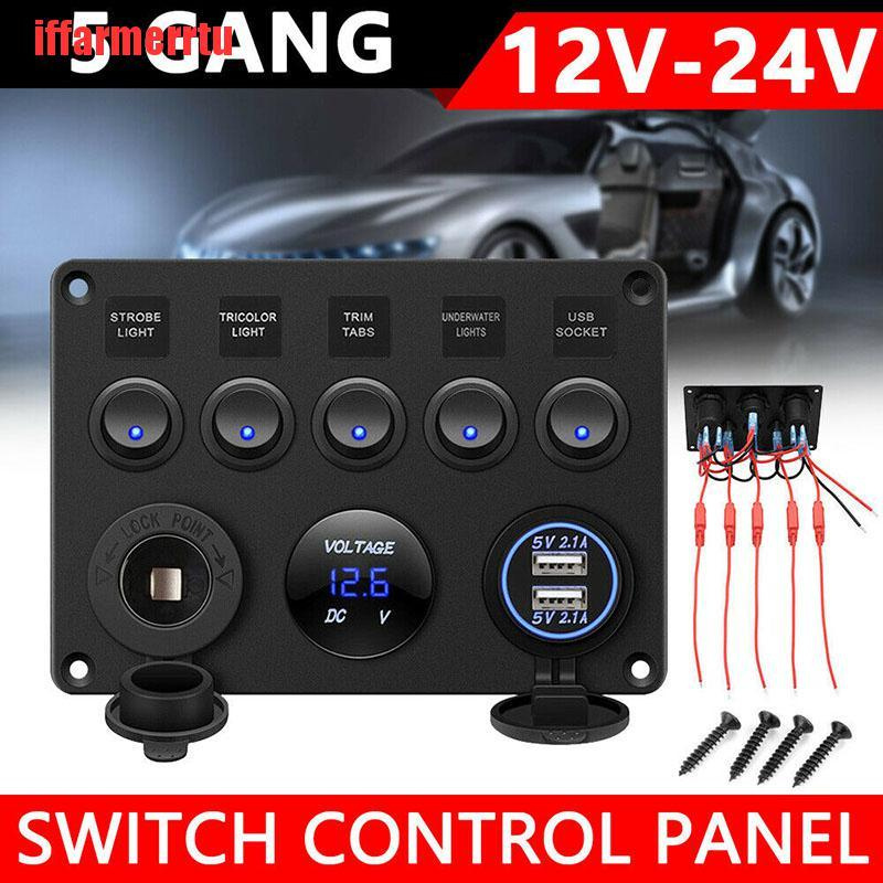 {iffarmerrtu}5 Gang Switch Panel 12V/24V Car Boat Marine Blue LED Rocker Breaker Controls HZQ