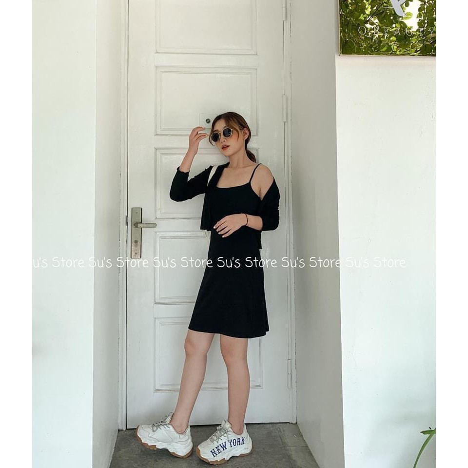 SET VÁY 2 DÂY TRƠN MIX ÁO KHOÁC NGOÀI CARDIGAN - SET 2 MÓN VÁY HAI DÂY BODY + ÁO KHOÁC ÁO CROPTOP CÀI CÚC ĐEN XÁM TÍM HO | BigBuy360 - bigbuy360.vn