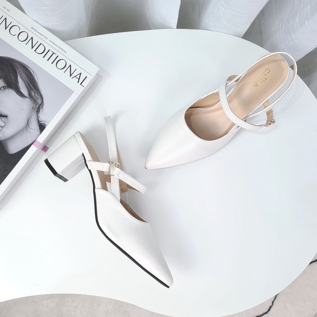 Giày cao gót slingback nữ bít mũi thời trang đế vuông mũi nhọn cao 5cm đi làm công sở đi tiệc Cillie 1115