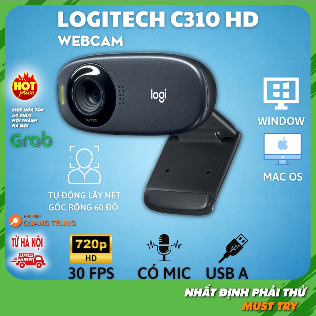 Webcam logitech C310 HD, autofocus dùng rất tốt cho học online, hội họp và livestreams, có hỗ trợ mic