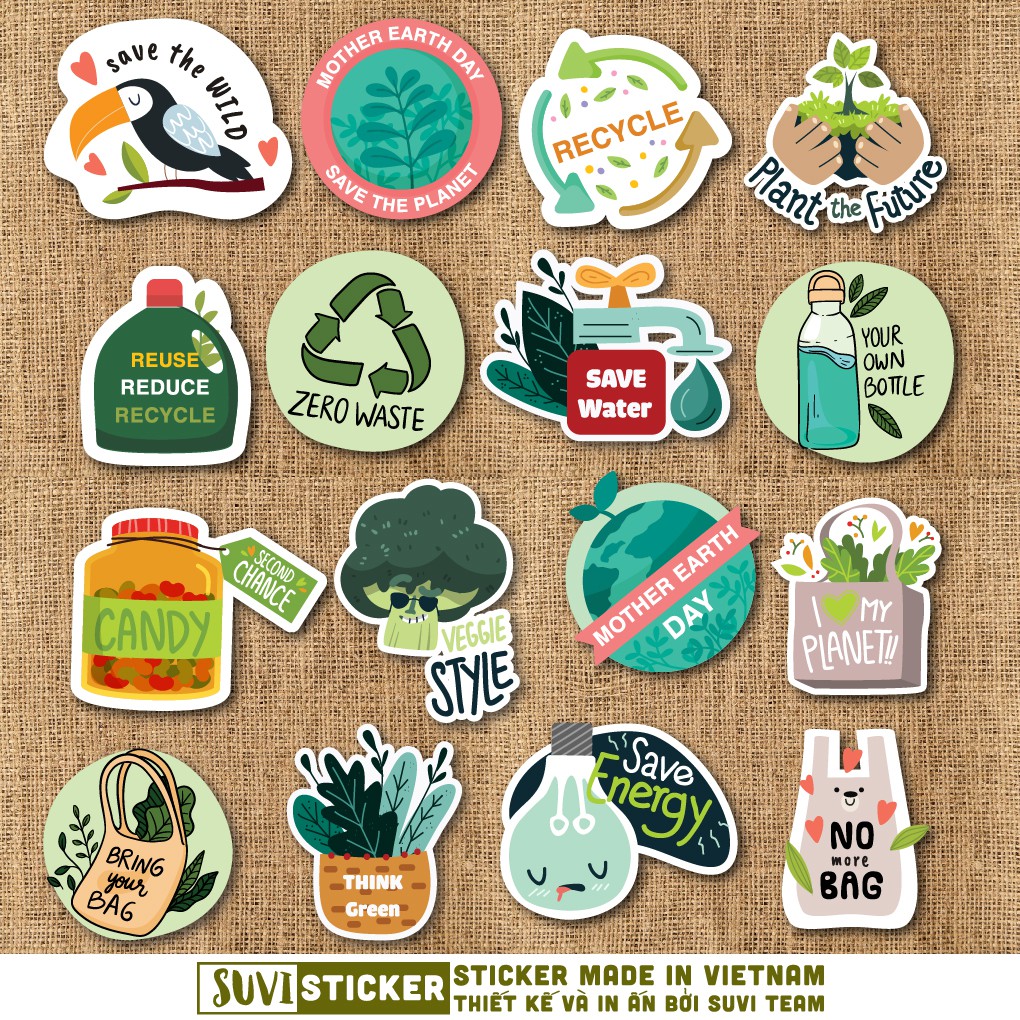 50 Sticker dán laptop Save the Earth Set chống nước sticker dán nón bảo hiểm, xe, laptop, điện thoại, vali. MSP: SV204