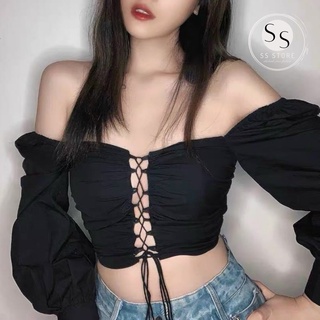 Áo Croptop Đan Dây Tay Dài Daisy (TRẮNG+ĐEN)