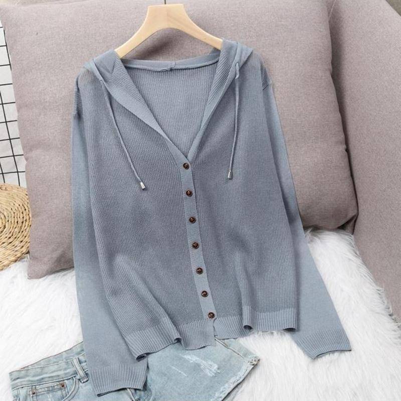 Áo Khoác Cardigan Dệt Kim Mỏng Có Mũ Trùm Phối Nút Thời Trang Mới 2022 Cho Nữ