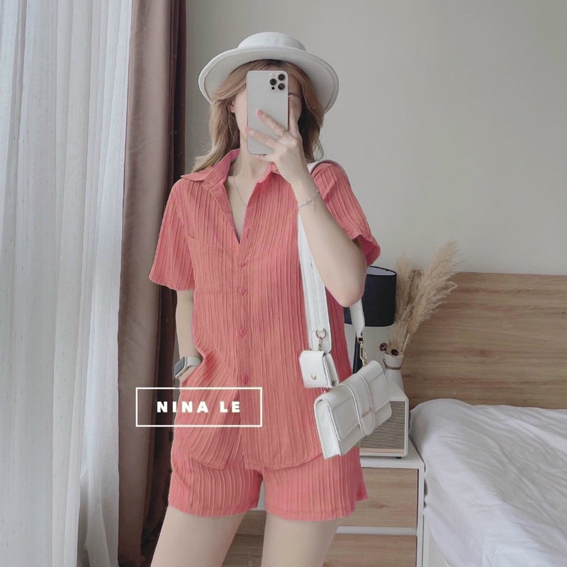 (SHOP BIGSIZE nữ 50kg đến 90kg ) set áo sơ mi xẻ lưng phối quần short