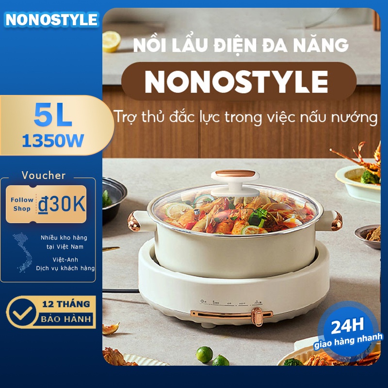 Nồi Lẩu Điện Đa Năng 5L NONOSTYLE Lớp Chống Dính Công suất 1350W nấu mì, lẩu mini - BH 12 tháng chính hãng