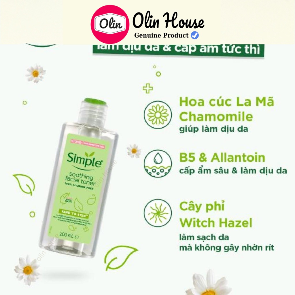 Nước hoa hồng Simple Moothing Facial Toner Simple cân bằng độ ẩm cho da 200ml - Olin House