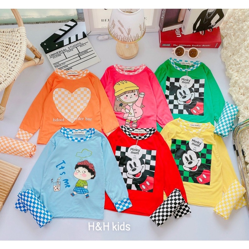 NT105 Bộ dài tay thun lạnh Minky Mom hoạ tiết caro phối hoạt hình ngộ nghĩnh cho bé