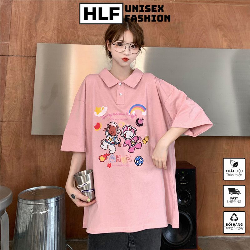 [Mã FAMARAL1 giảm 10K đơn 50K] Áo thun polo cổ trụ unisex Ulzzang Gấu và thỏ phi hành gia, áo thun có cổ HLFashion