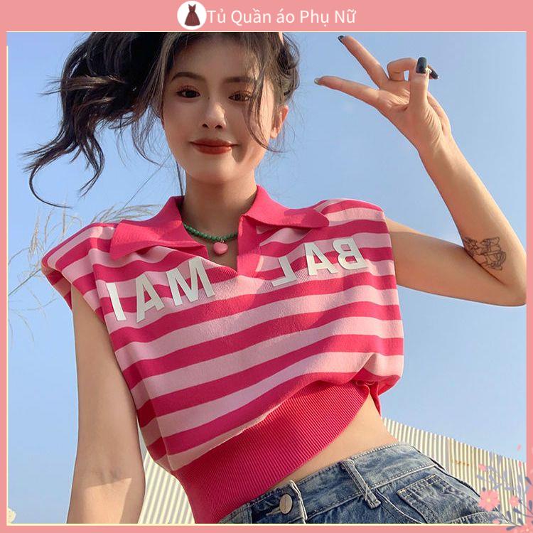 / O Áo Thun polo Sát Nách Kẻ Sọc Ngang In Chữ Phong Cách Hàn Quốc Thời Trang Mùa Hè 2022 Mới