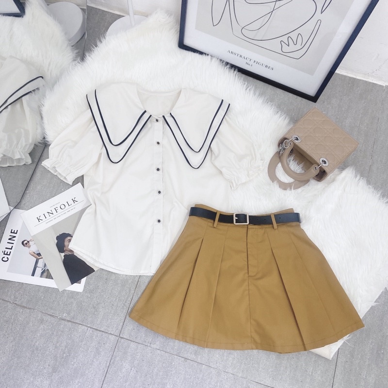 SET ÁO SƠ MI VIỀN CỔ ĐEN NÚT + CHÂN VÁY VÀNG NÂU XẾP LY + BELT