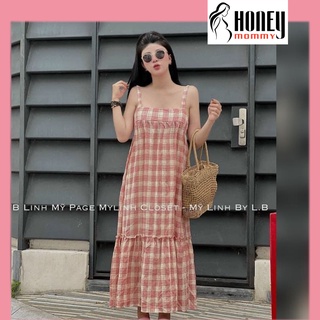 Đầm bầu 2 dây váy bầu sát nách đi biển mặc ở nhà họa tiết kẻ caro