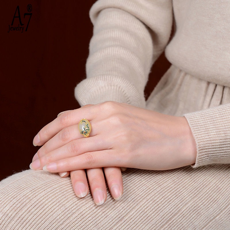 Nhẫn Hở Mạ Bạc S925 A7Jade Mạ Vàng 18K Hình Hoa Xinh Xắn