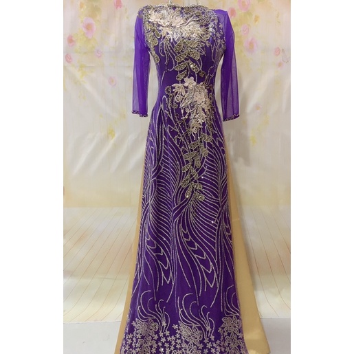 ÁO DÀI CHO MẸ 4 TÀ MÀU TÍM KIM TUYẾN  ẢNH THẬT