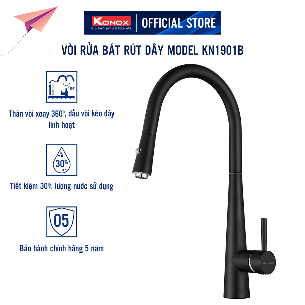 Vòi rửa bát rút dây KONOX KN1901B hợp kim đồng 61% tiêu chuẩn Châu Âu CW617N, bề mặt xử lý công nghệ Brushed Nickel