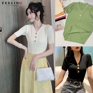 Áo len đan len nữ mỏng cổ chữ V mùa hè hàn quốc