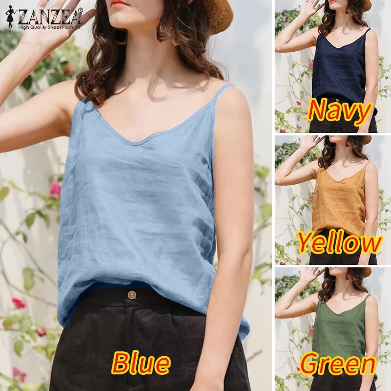 Áo hai dây ZANZEA cổ chữ V màu trơn phong cách Châu Âu thời trang dành cho nữ