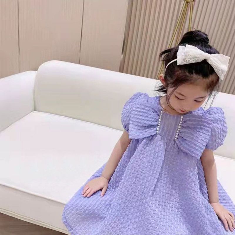 Đầm Công Chúa Tay Ngắn Màu Sắc Trơn Đính Nơ To Thời Trang Mùa Hè Cho Bé Gái Se7en