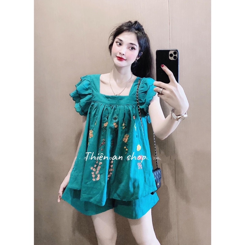 Set thêu hoa xanh