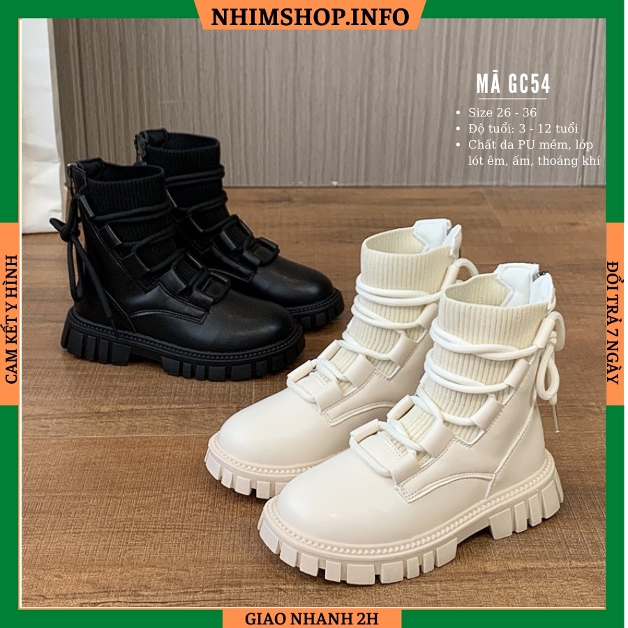 Boots bé gái cổ thấp len thun co giãn cột dây khóa kéo thời trang và cá tính 3 - 12 tuổi đi học đi chơi đen trắng GC54